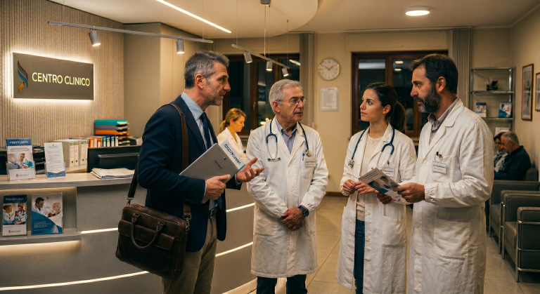 Tre dottori e un consulente parlano davanti alla reception di un centro clinico. Immagine generata con AI.