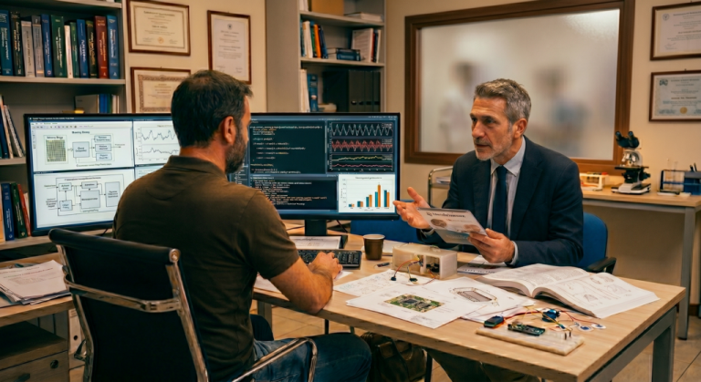 Un consulente parla con uno sviluppatore informatico seduto alla sua scrivania. Immagine generata con AI.